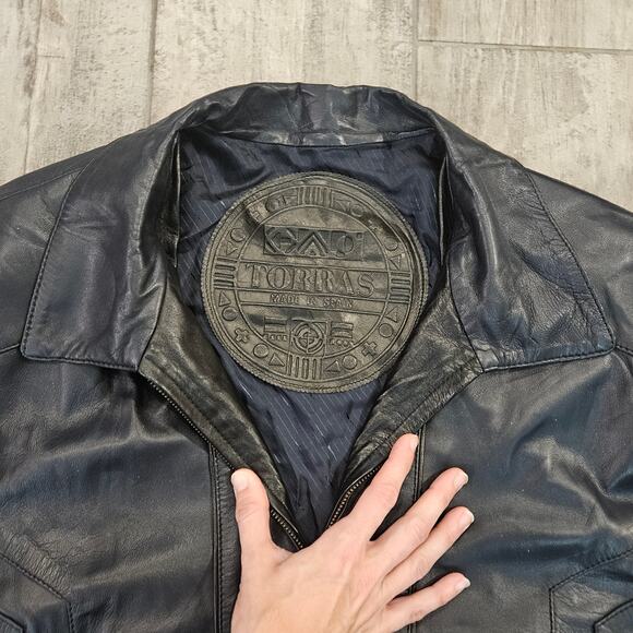 Vintage Torras Leather Jacket Mens Size XL Black Zip Front Bomber Spain Retro - Picture 7 of 15